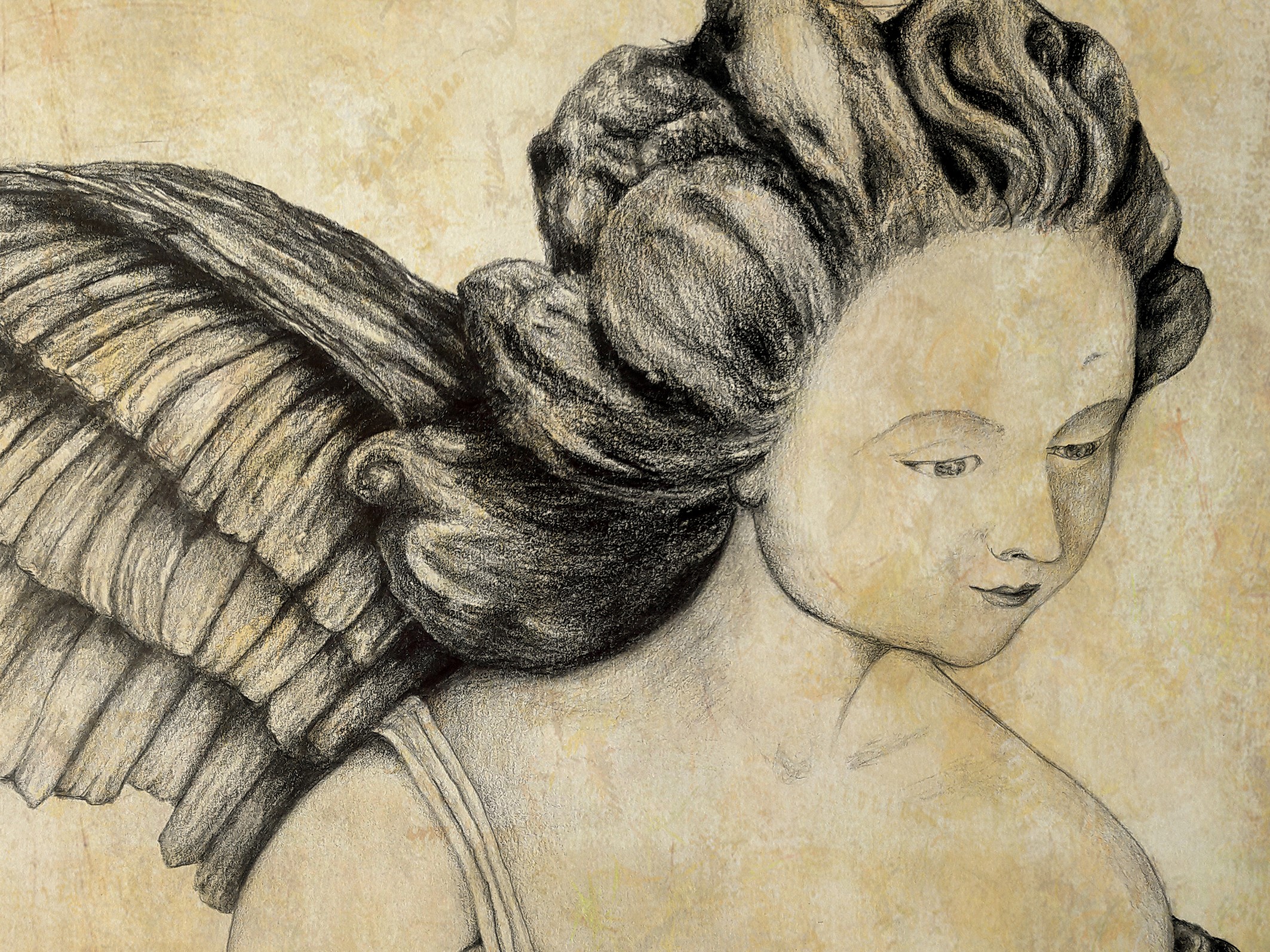 Detalle del cartel de la exposición Detalle de una ilustración con un ángel inspirado en escultura de Luisa Roldán